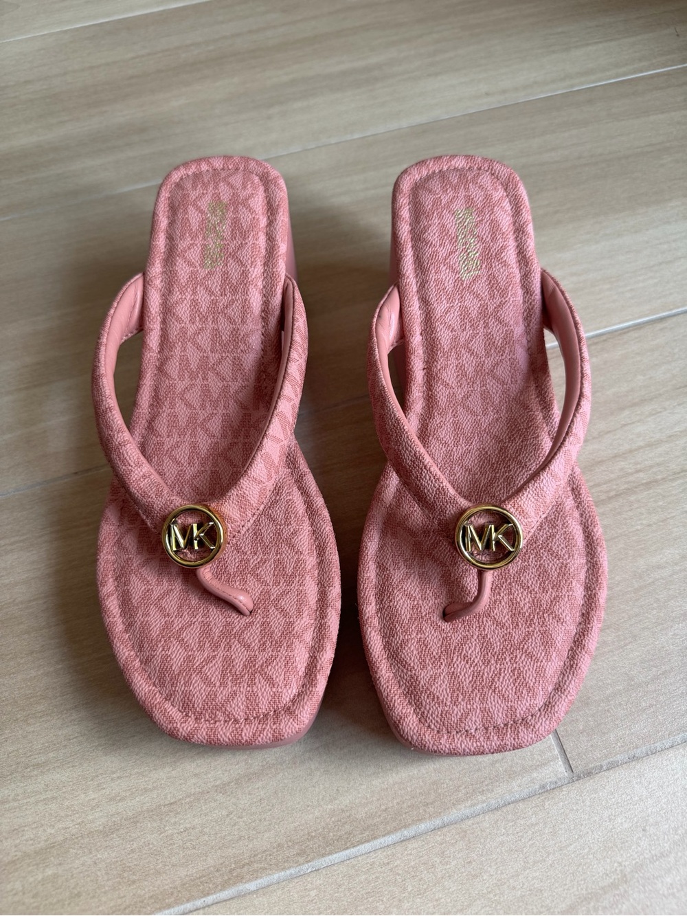 Michael Kors Coral Pink MK Logo Thong Wedge Sandals